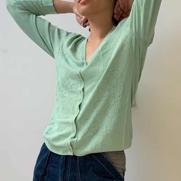 Green Floral Pointelle Cardigan - Picture 2 of 3